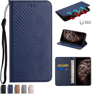 Magnetic Carbon Fiber Wallet Phone Case For iPhone 16 15 14 13 12 11 Pro Max 16E - Image 1 of 4