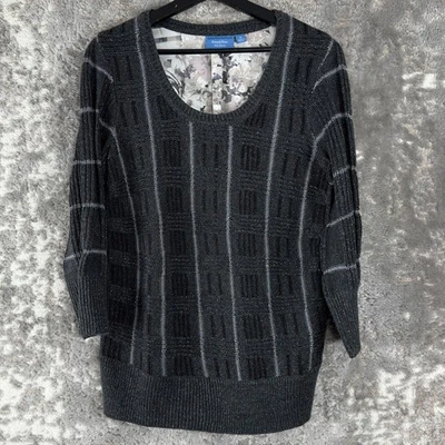 Simply Vera Wang Size M Striped Floral Shimmer Metallic Sweater Gray 3/4 Sleeve - Image 1 of 4