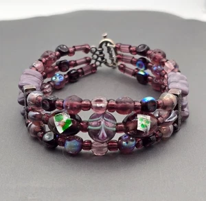 Bracciale Vintage Argento Sterling Viola AB Cristallo Foglia e Perline Floreali 7,5"   - Foto 1 di 10