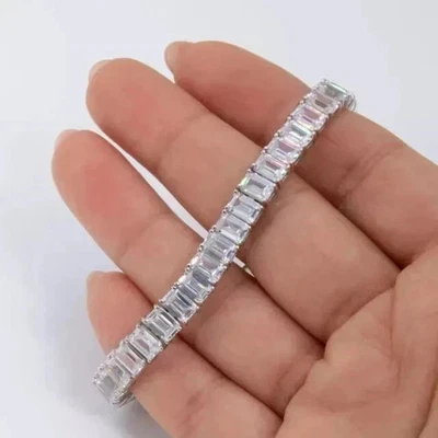 20Ct Baguette Cut Lab Created Diamond Tennis Bracelet 14K White Gold Plated 7.5" - Image 1 of 4