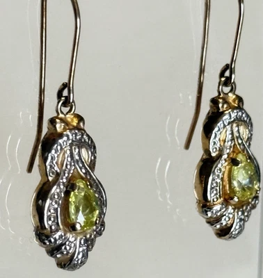 Sterling silver with gold wash in details and pear Peridot CZ earrings vintage - Image 1 of 4