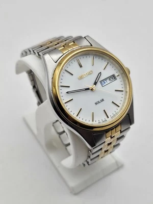 Seiko Solar Watch Men 37mm White Dial Two Tone Daydate Round V158-0aa0 New Batt - Image 1 of 4