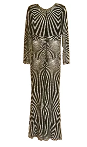 BETSY & ADAM Geometric Metallic Long Sleeve Gown Size 8 Black Silver Maxi Dress - Picture 1 of 11