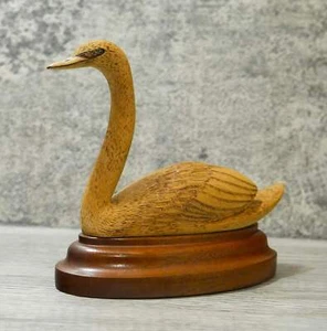 Vintage Signed Hand-carved Wooden Majestic Swan Figure Sculpture - 7" Long - Picture 1 of 10
