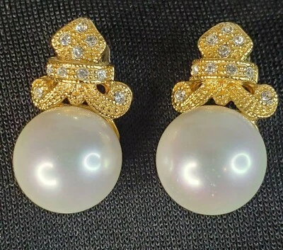 Pearl Earrings Gold Fleur de Lis Dressy Pave Crystal Sterling Post Pearlfection® - Image 1 of 4