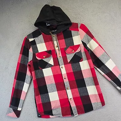 Kolby Flannel Shirt Mens S Red Button Up Hooded Plaid Shacket Y2K Skater Grunge - Image 1 of 4