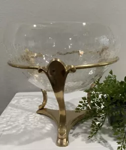 Vtg LG Candy Bowl Dish Potpourri Trinket Crackle Glass Solid Brass Pedestal Base - Picture 1 of 14