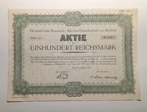 Aktie RMk. 100,- Griebel`sche Brauerei, Aktien-Gesellschaft zu Eisfeld, No 3643 - Bild 1 von 1