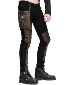 Devil Fashion Mens Steampunk Pants Jeans Black Brown Faux Leather Hip Bag Gothic