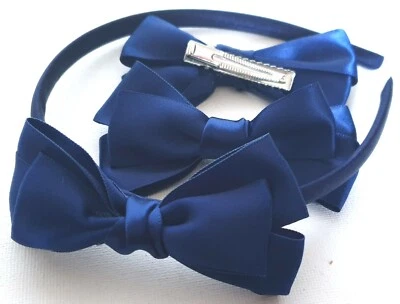 MOLLY AND ROSE NEU Back to School Marineblau Schulset Satin Stoff Schleife Haarspangen Aliceband