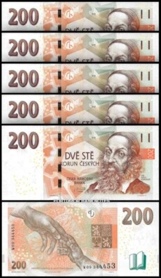 República Checa 200 coronas 2018, UNC, LOTE DE 5 piezas, consecutivo, P-18, prefijo W Foto 1 de 4