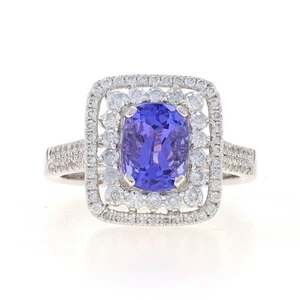 Oro Blanco Tanzanita y Diamante Doble Halo Anillo - 18k Cojín 2.53ctw Compromiso - Imagen 1 de 6