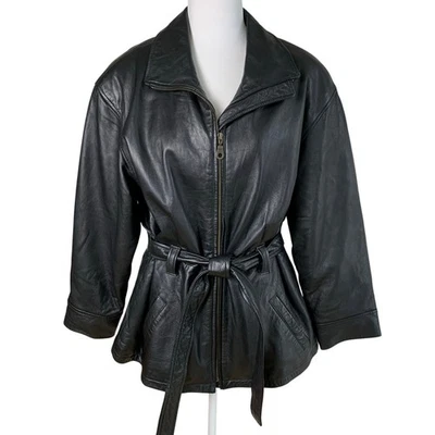 Отличный северо-запад размер L маслянистый мягкий кожаный Moto куртка черный полный молнии подпоясанный - Изображение 1 из 4