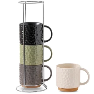 Ceramic Coffee Mug Set of 4, 16OZ Stackable Coffee Mug Set with Stainless Sta... - Picture 1 of 7
