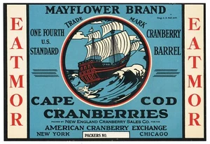 VINTAGE 1930 CRANBERRY CRATE LABEL NEW YORK CAPE COD MAYFLOWER NAUTICAL BLUE #1 - Picture 1 of 1