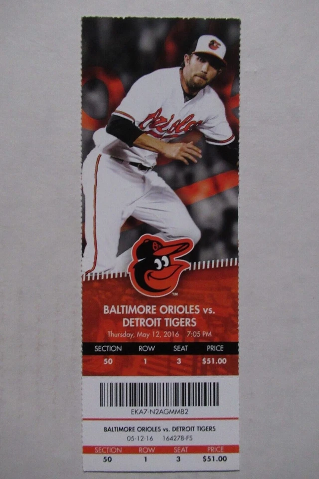 BALTIMORE ORIOLES VS TIGERS 5/12/2016 FULL TICKET~ JARROD SALTALAMACCHIA HR - Imagem 1 de 1