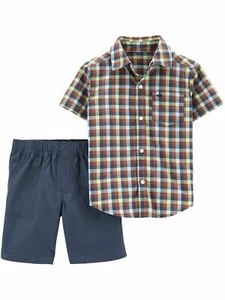 Carters Infant & Toddler Boys Blue Plaid Button Up Shirt & Shorts Outfit 9M - Picture 1 of 2