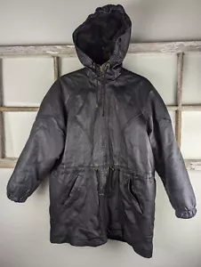 Charles Klein Mens Leather Mid Length Fur Lined Hood Full Zip Coat Mafia Medium - Picture 1 of 19