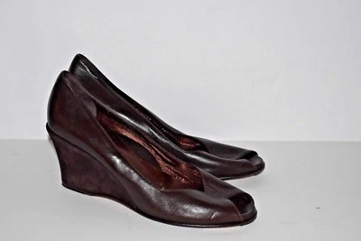Taryn Rose Dark Brown Leather Suede Peep-Toe Wedge Shoes - Size 38.5 - Image 1 of 4
