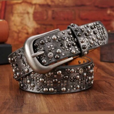 1pc Rhinestone Rivet Studded Belts Cowhide Leather Strap Belt Unisex Fashion Acc - Image 1 of 4