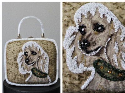 Bolso de mano de mimbre con cuentas de colección único años 60 caniche perro Faye Mell Miami lucite Foto 1 de 4