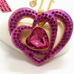 Betsey Johnson Double Heart Purple Crystal Pendant Necklace Free Gift Bag - Picture 1 of 3
