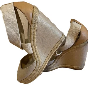 Tory Burch S.9M NATANYA Leather Wedge Espadrille Sandals Shoes Gold Honey Wheat - Picture 1 of 10