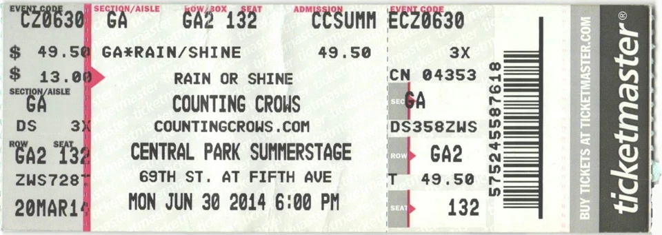 2014 Counting Crows Toad Wet Sprocket Complete Concert Ticket Stub New York NY - Image 1 of 1