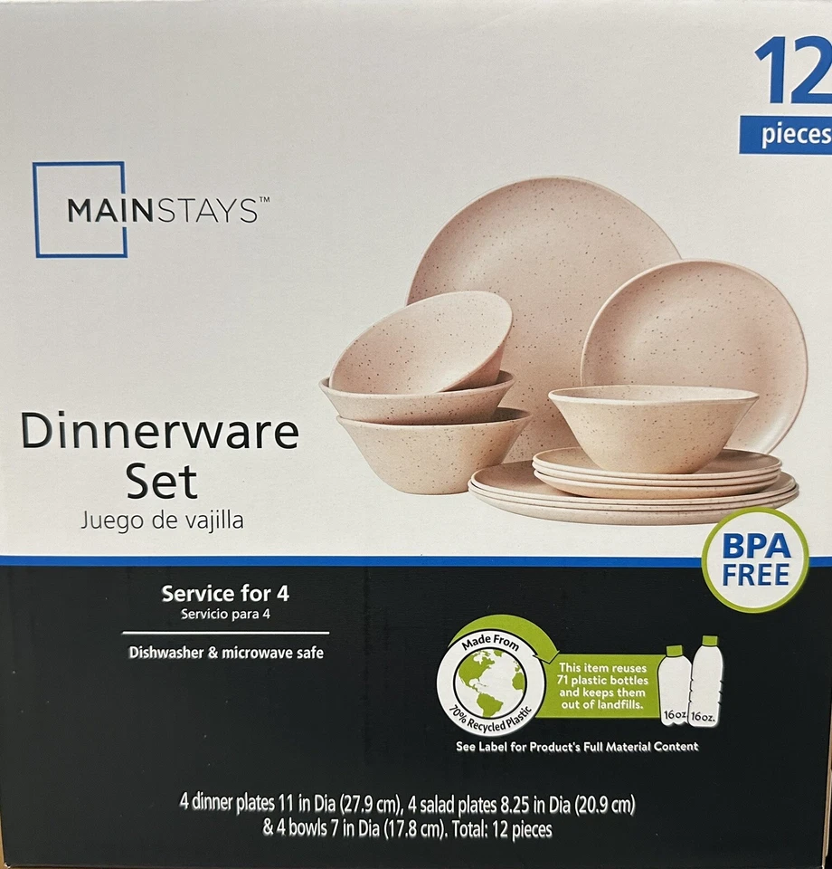 Mainstays 12-Piece Dinnerware Set Service For 4 BPA- Pink Specks Speckled