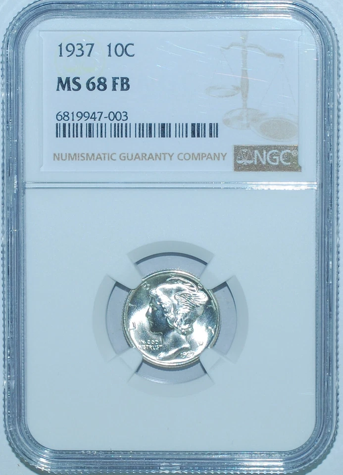 1937 P NGC MS68FB Full Bands Mercury Dime - Image 1 of 2