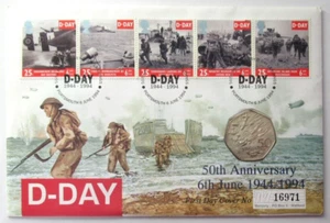 The Royal Mint 1944 - 1994 D-Day 50th Anniversary - 50p Coin & 5 Stamps - Picture 1 of 2