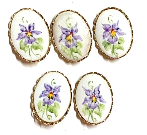5 Vintage Porcelain Hand Painted Purple Flower Set in Metal Picture Button Oval Cover