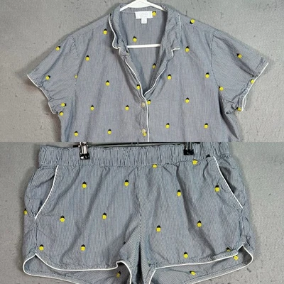 Conjunto de pijama Love By Gap feminino grande listrado azul amarelo bordado top shorts - Imagem 1 de 4