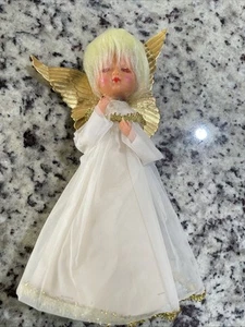 Vintage Angel Tree Topper Tulle Wings Blonde Hair Gold Tinsel Pink Bow Cardboard - Picture 1 of 8