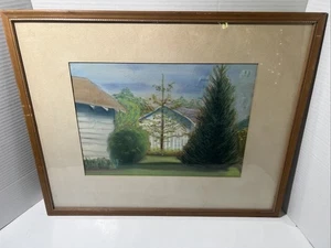 "Obra de arte original de paisaje de patio trasero pastel enmarcado vintage única en su clase 16"" x 20"" firmada" - Imagen 1 de 11