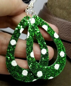 Chunky Green Glitter Double Sided FAUX Leather Cut Out Teardrop Earrings - Picture 1 of 10