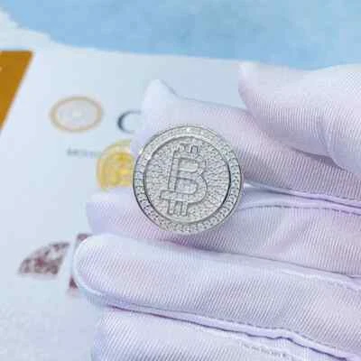 Pass Tester! 2 Ct Round Cut Moissanite Bitcoin Men's Ring 14K White Gold Plated - Image 1 of 3