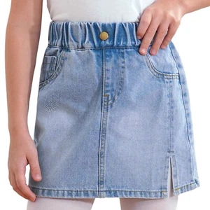Kids Girls Miniskirt Summer Denim Skirt Button Front Skirts Solid Color Holiday - Picture 1 of 20