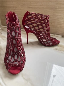 Sergio Rossi Mermaid 36.5 6.5 Swarovski Crystal Red Burgundy Cage Shoes - Picture 1 of 16