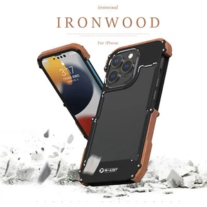 For iPhone 15 Pro Max 14 13 12 11 Shockproof Wood Case Aluminium Metal Cover - Picture 1 of 11