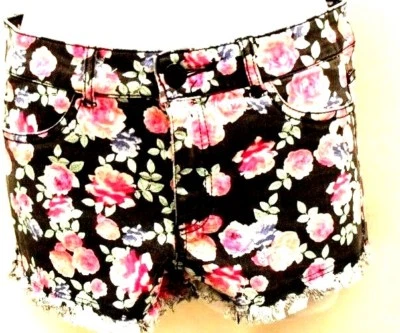 SIZE 10 BLACK DENIM, WITH PINK/BLUE/ORANGE FLORAL, SHORTS/ HOT PANTS BY H&M  - Image 1 of 4