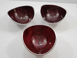 Set Of 3 Simply Designz Nut Snack Bowls Red Enamel Patterned Silver Tone Metal - Picture 1 of 10