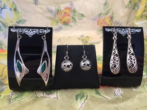 3 Paar Vintage Statement Ohrhänger, Silber und Malachit, Piercingarbeit - Bild 1 von 14