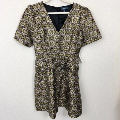 ModCloth Women Cocktails At Golden Hour Mini Dress Sz 14 Fit Flare Jacquard Gold - Image 1 of 4