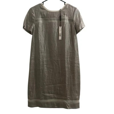 Vestido Tahari $448 100 % lino para mujer talla 2 gris pálido plateado minimalista de lujo Foto 1 de 4