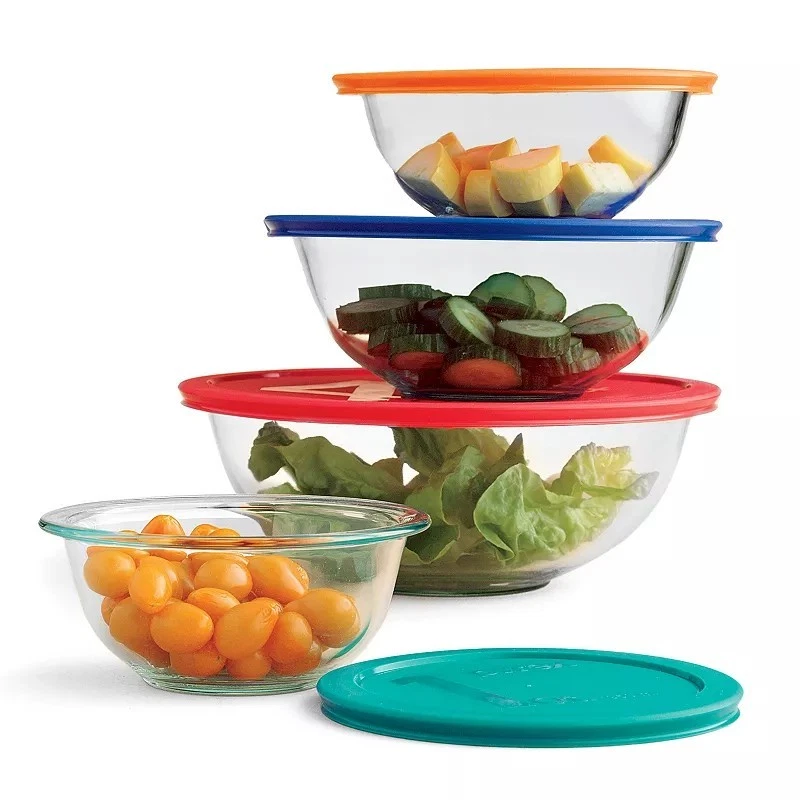 Pyrex Glass Mixing Bowl Set w/Lids, Nesting Storage, Microwave & Dishwasher Safe