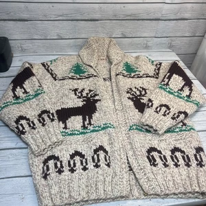 Maglione vintage Mary Maxim lavorato a mano Cowichan alce cervo alce lana L? anni 70 - Foto 1 di 18