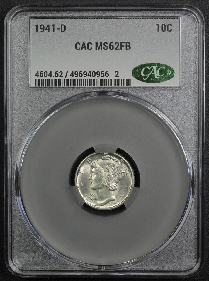 1941 D Full Split Bands Mercury Silver Dime 10C CACG MS 62 FB CAC - Image 1 of 4
