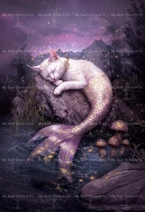 PINK MERMAID CAT ART PRINT, Fantasy Poster, Animal Kitty Funny Wall Decor E877 - Picture 1 of 3
