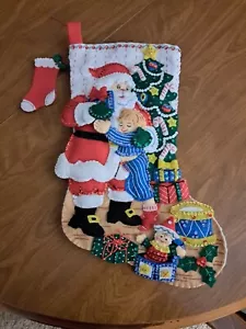 Bucilla Felt Christmas Stocking Boy Hugs Completed Finished Lined - Picture 1 of 5